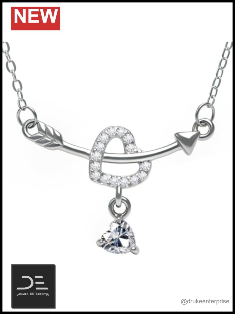 925 Sterling Silver Heart Arrow Pendant Necklace, CZ Cubic Zirconia White Gold